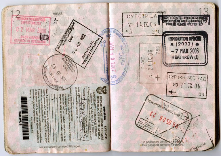 Passport page with visa stamps