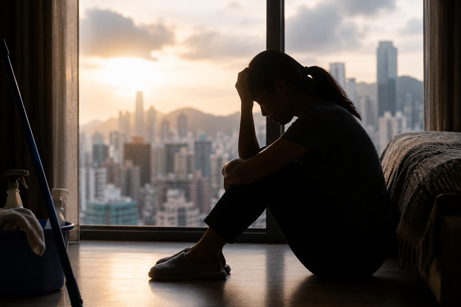 : Stressed foreign domestic helper sitting on the floor next to cleaning supplies by a Hong Kong high-rise window at sunset