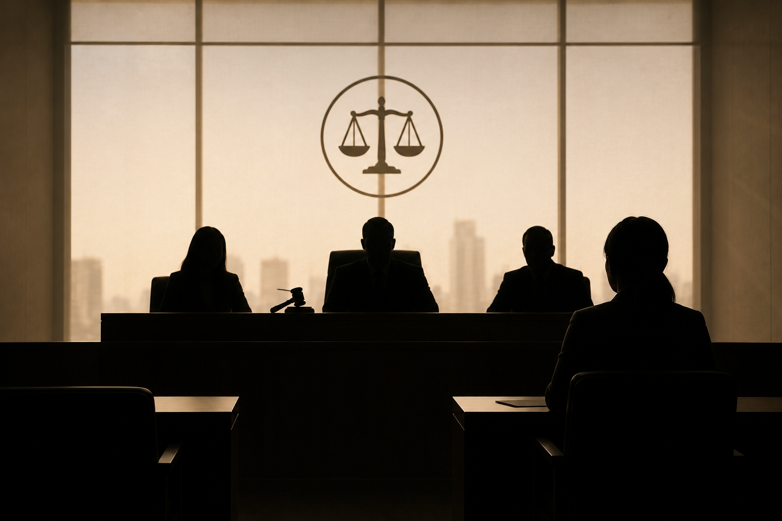 Silhouette of a Hong Kong Labour Tribunal with scales of justice and tribunal members seated behind the bench.
